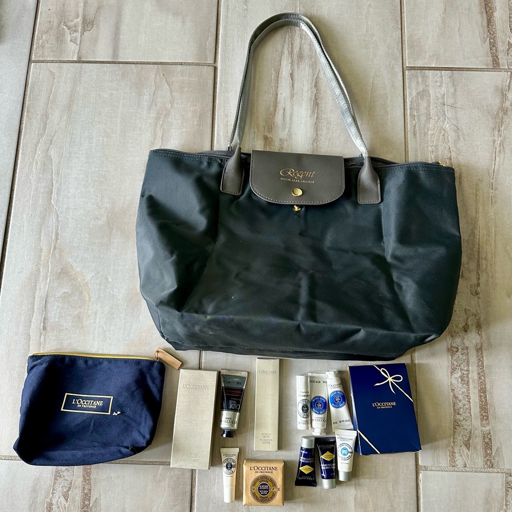 Black and Gray Bag with L'Occitane Products